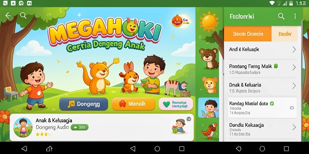 Antarmuka MEGAHOKI yang ramah anak dengan berbagai pilihan dongeng audio.